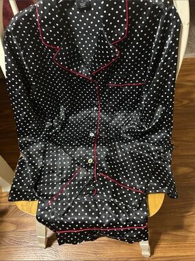 Apt. 9 Black Polka Dot Satin Pajama Set with White Dots and Red Piping